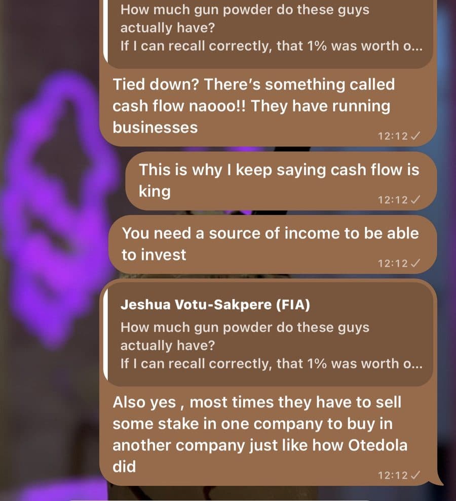 Wealthive HQ Inner Circle chat. Achie replies to a member's question about how large investors fund acquisitions: Tied down? There's something called cash flow. They have running businesses. This is why I keep saying cash flow is king. You need a source of income to be able to invest.