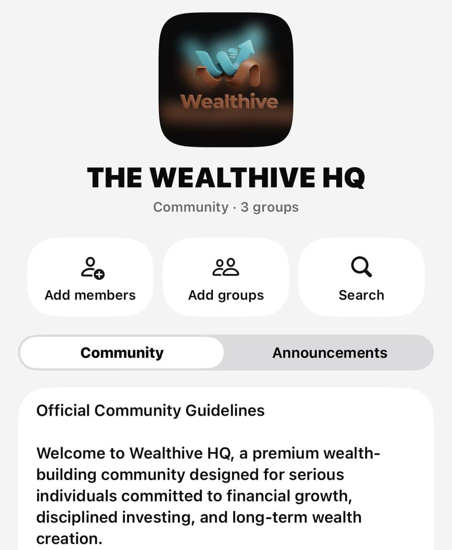 The Wealthive HQ community on WhatsApp, three groups, with official community guidelines describing a premium wealth-building community committed to disciplined investing and long-term wealth creation.