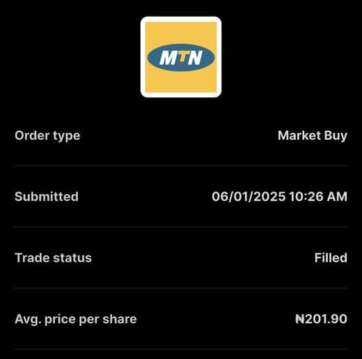 Broker trade receipt: buy order for MTN Nigeria filled at ₦201.90 per share on 6 Jan 2025