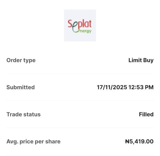 Broker trade receipt: buy order for Seplat Energy filled at ₦5,419.00 per share on 17 Nov 2025